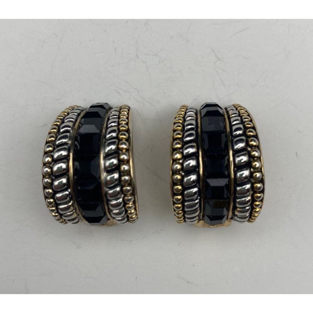 Vintage Clip-On Earrings Hoop Two Tone Black Faceted Glass Statement Chunky - Picture 3 of 10